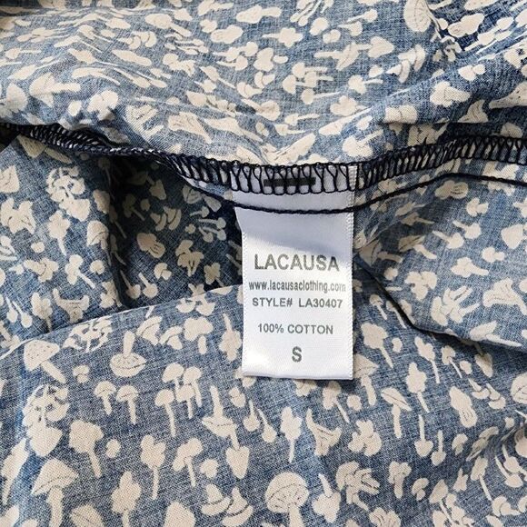 LACAUSA Size S Dama Dress  Blue Magic Mushroom Keyhole Tie Neck Drawstring Waist - Picture 6 of 6